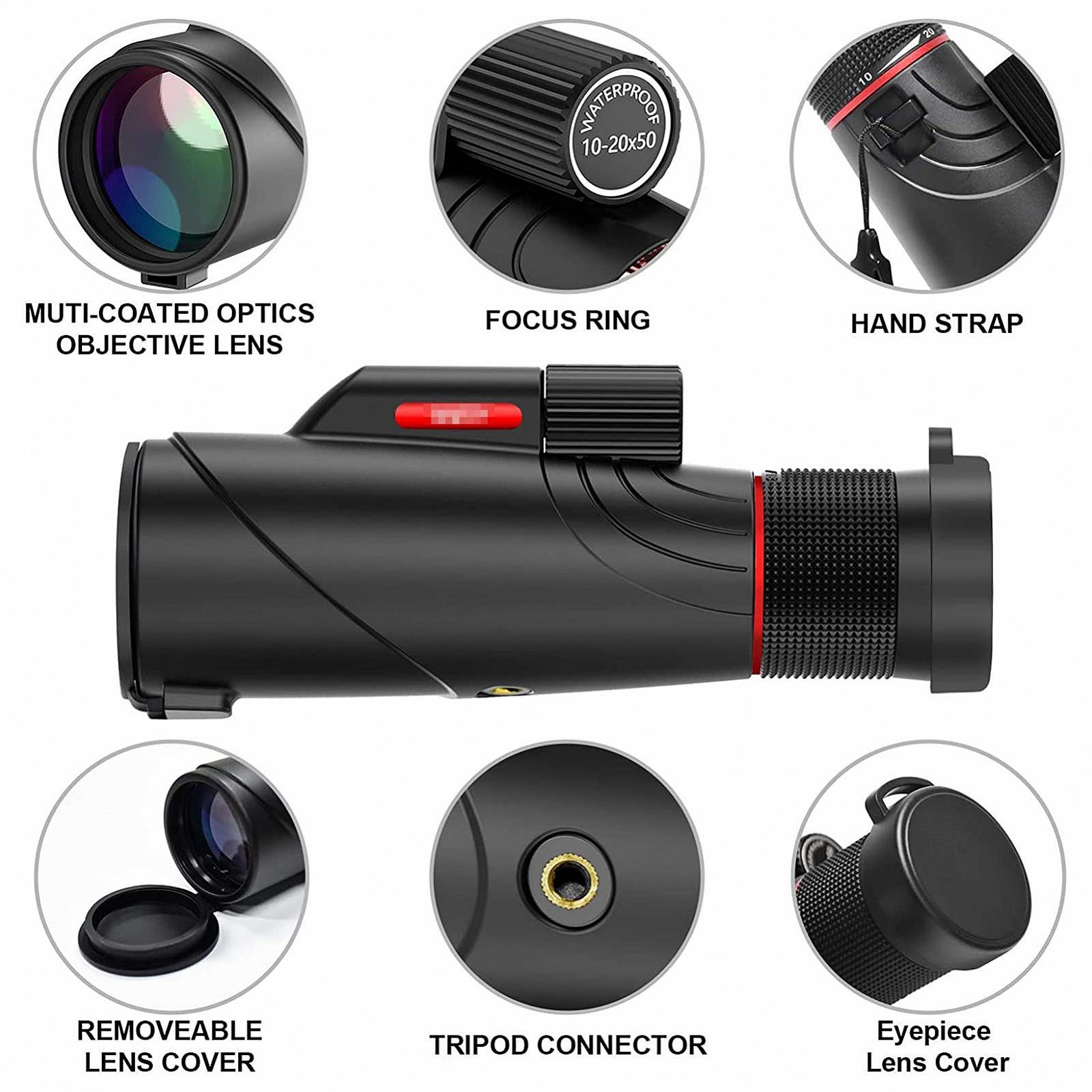 Монокуляр DERBUT Hohe Vergrößerung Zoom 10-20×50 BAK4 Prism з чохлом для телефону і штативом, фото №3
