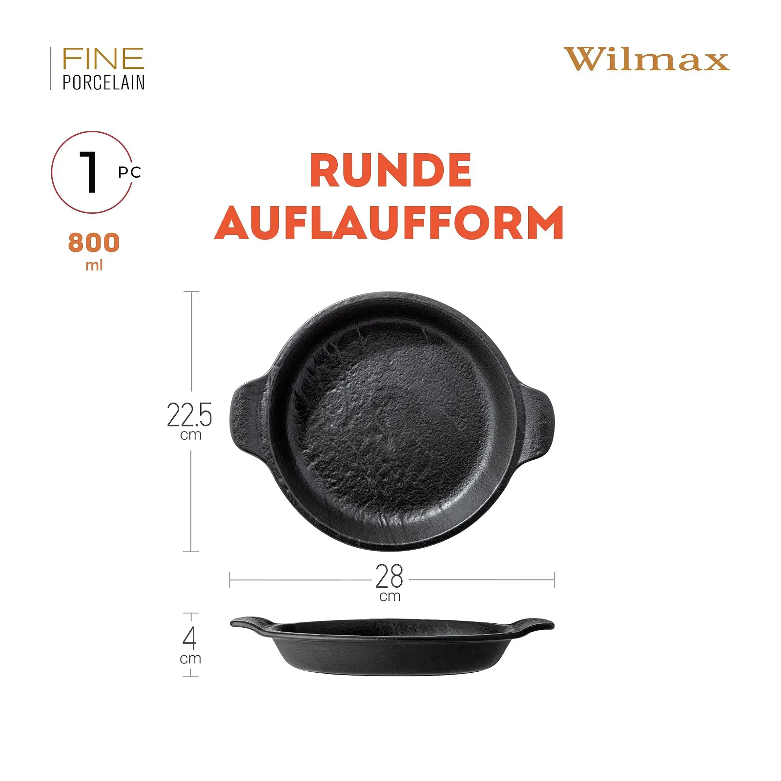 Форма для запекания Wilmax Плоская 800 мл круглая фарфоровая ручной глазуровки Черная, фото №2 Форма для запекания Wilmax Плоская 800 мл круглая фарфоровая ручной глазуровки Черная, фото №2