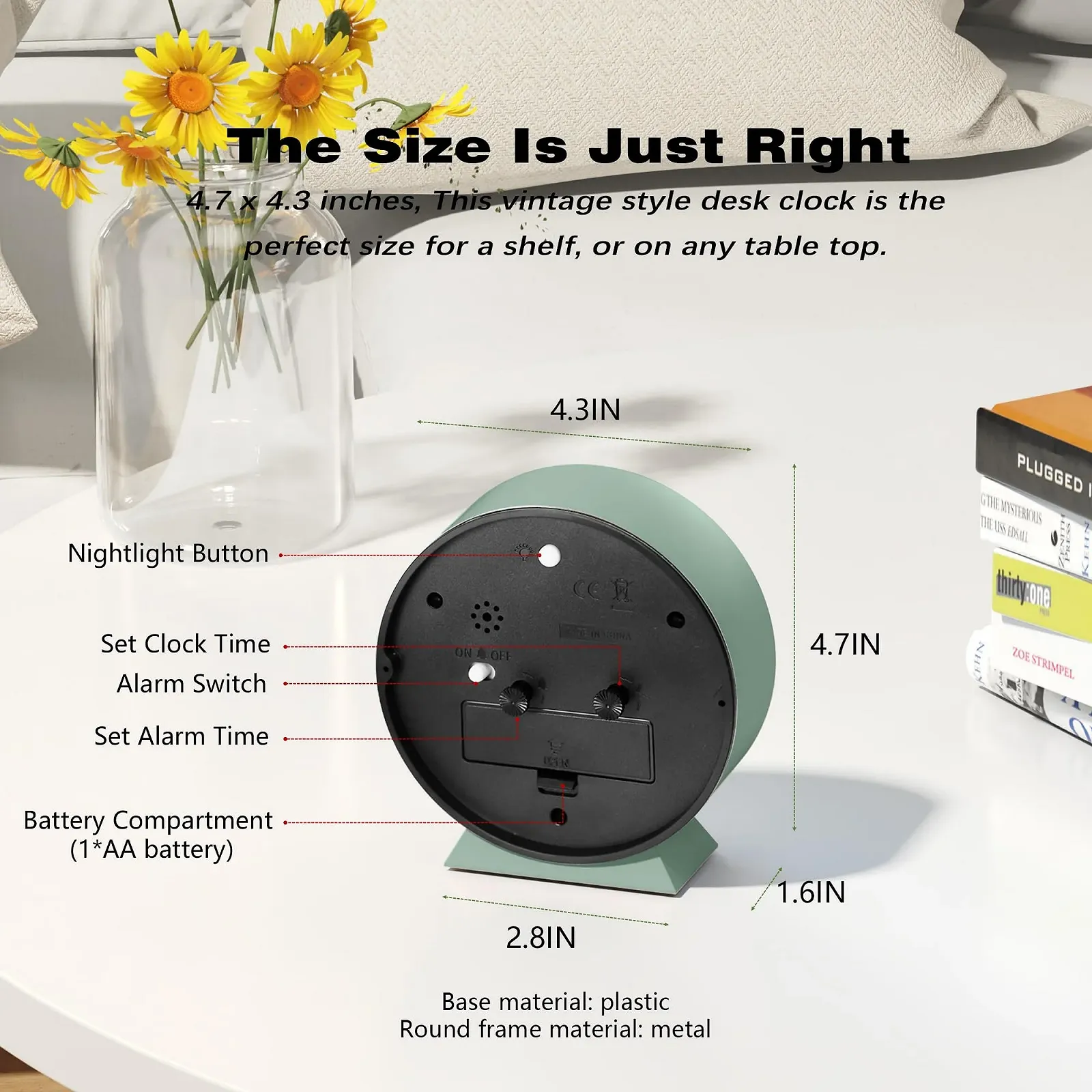 Аналоговый будильник AYRELY®, 4,5 дюйма, маленький ретро настольный часок с питанием от батареек, тихий металлический настольный часок с подсветкой для гостиной, спальни, прикроватной тумбочки, полки (зеленый), фото №7 Аналоговый будильник AYRELY®, 4,5 дюйма, маленький ретро настольный часок с питанием от батареек, тихий металлический настольный часок с подсветкой для гостиной, спальни, прикроватной тумбочки, полки (зеленый), фото №7