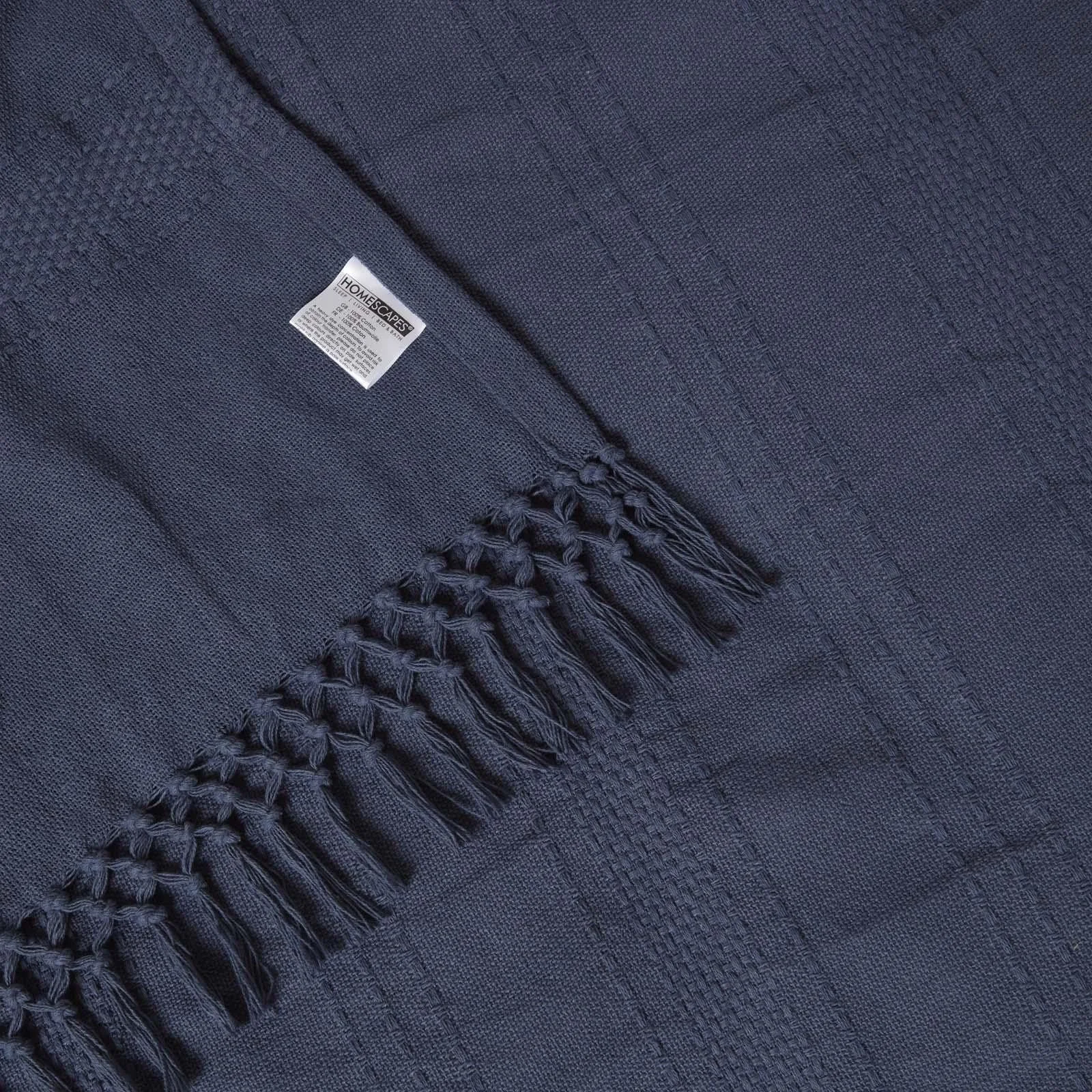 Покривало Homescapes Kashi 225 x 255 см, великий бавовняний плед з бахромою, накидка на диван або ліжко, синій, фото №5