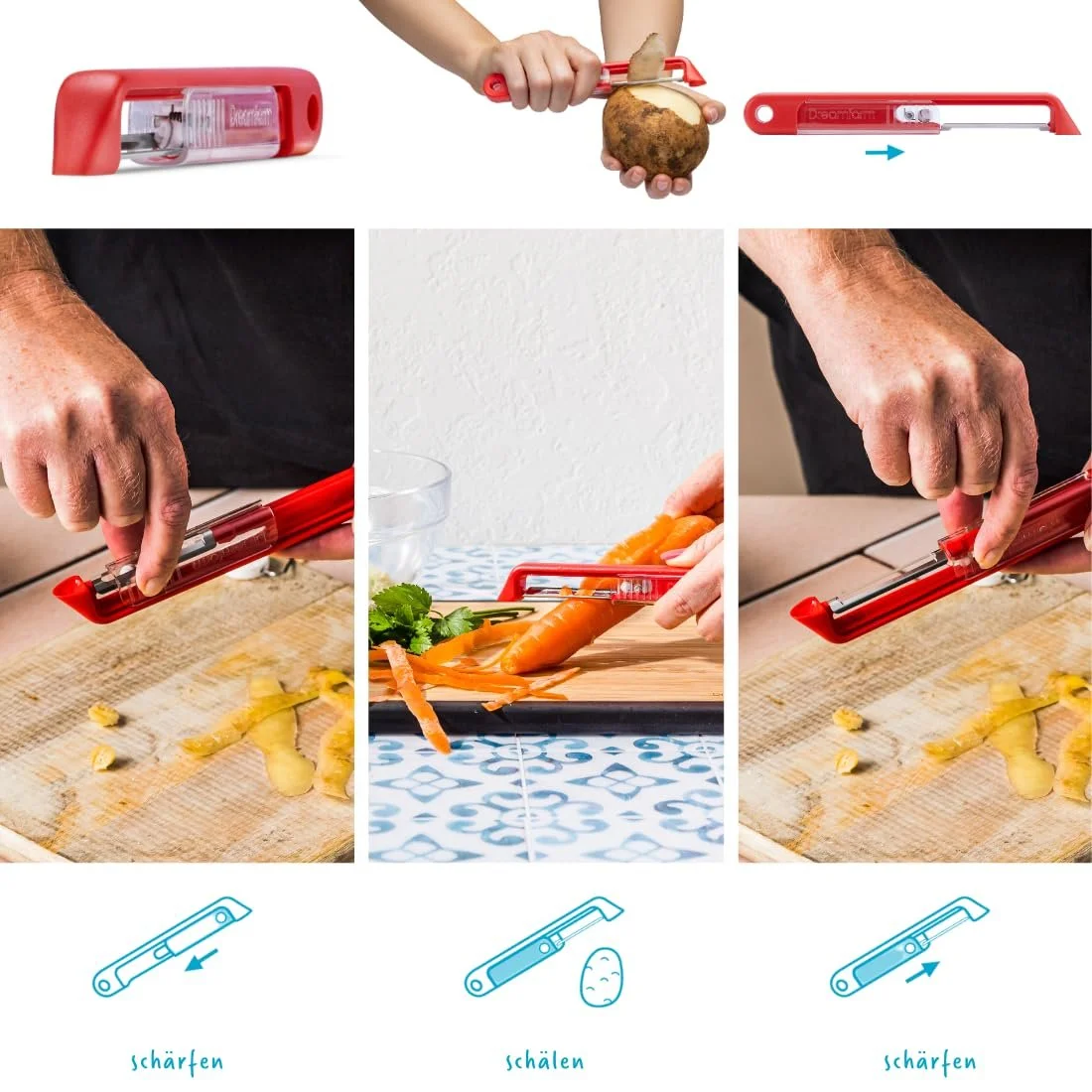 Овочечистка  Dreamfarm SHARPLE Червона з керамічним точилом з японської нержавіючої сталі, фото №5