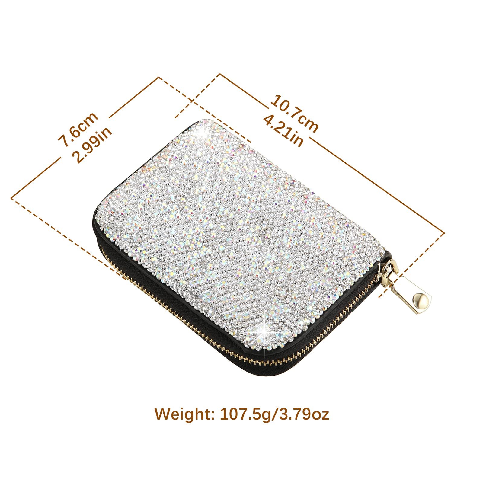 Картхолдер AsAlways Rhinestone для кредитных карт для женщин, с RFID-защитой, тонкий кожаный кошелек на молнии, серебристый, Modern, серебристый, фото №2