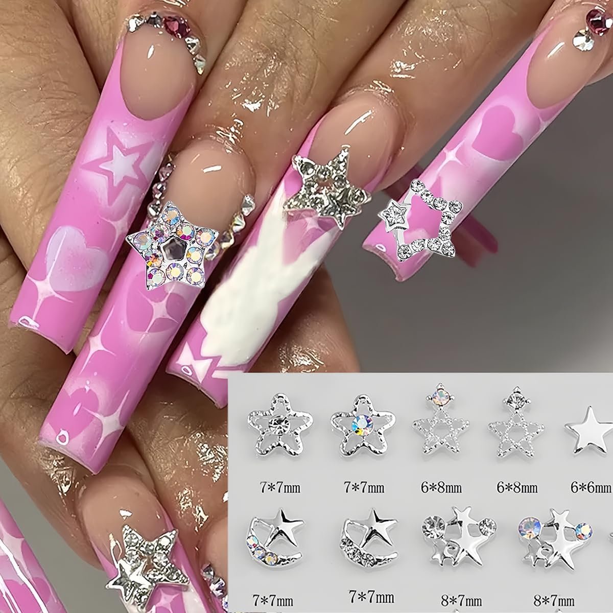 Набор подвесок для ногтей Звезда 3D серебряные звезды Стразы для ногтей Дизайн звезды Самоцветы для ногтей Хрустальный бриллиантовый сплав Аксессуары для ногтей (Серебро), фото №5