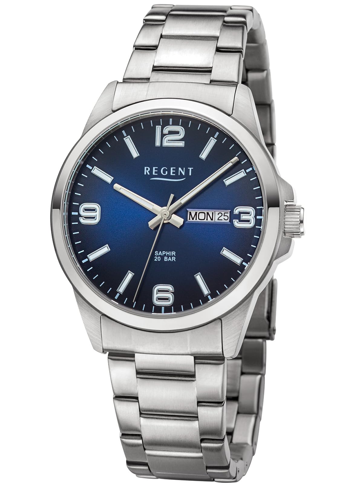 Чоловічий годинник REGENT F-1528 20 ATM з індикацією дня тижня та дати, сапфірове скло, синій, сталевий браслет, фото №1 Чоловічий годинник REGENT F-1528 20 ATM з індикацією дня тижня та дати, сапфірове скло, синій, сталевий браслет, фото №1