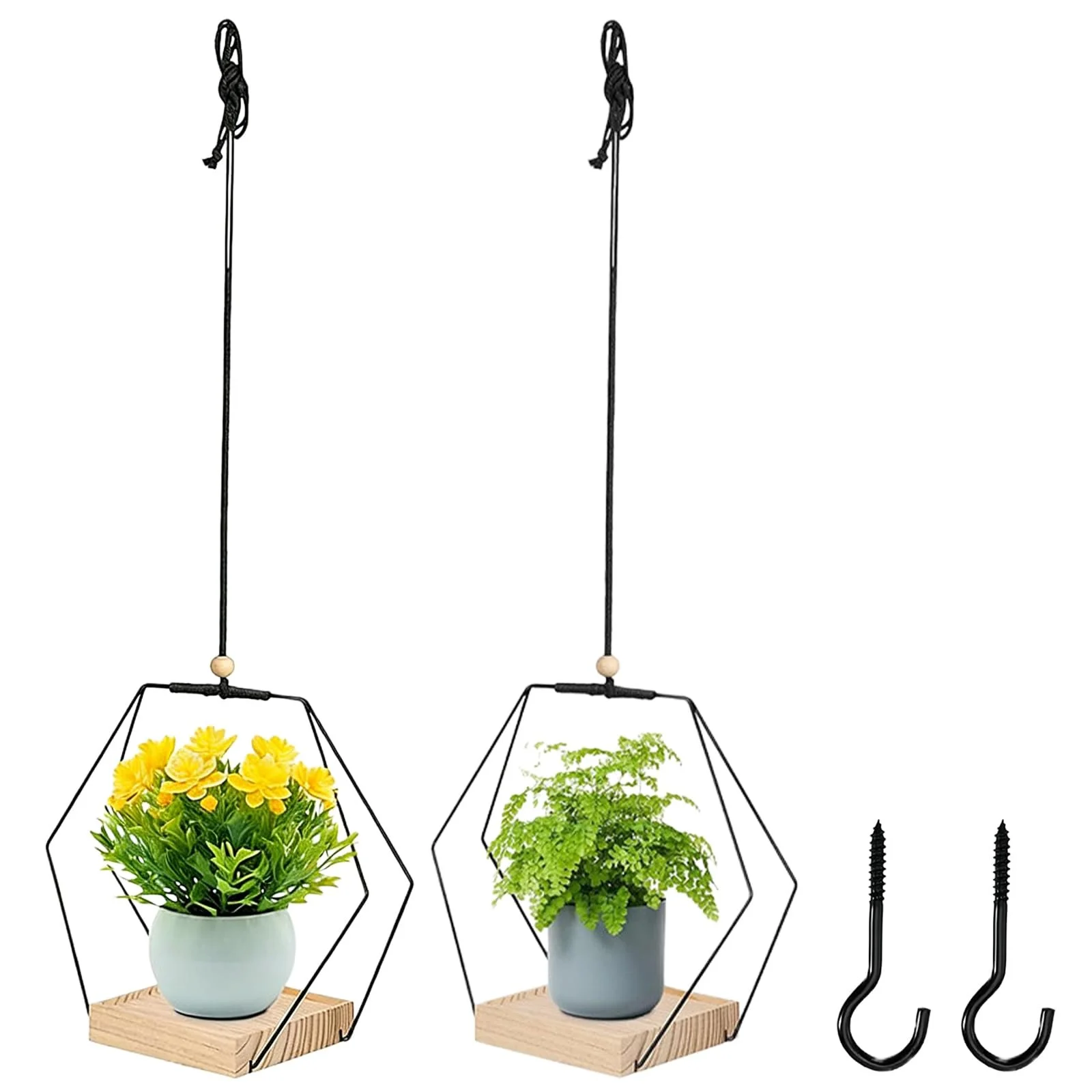 Кашпо подвесное металлическое кольцо с деревянным основанием шестигранное 2 шт черное, фото №1