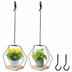 Кашпо подвесное металлическое кольцо с деревянным основанием шестигранное 2 шт черное - Фото 1