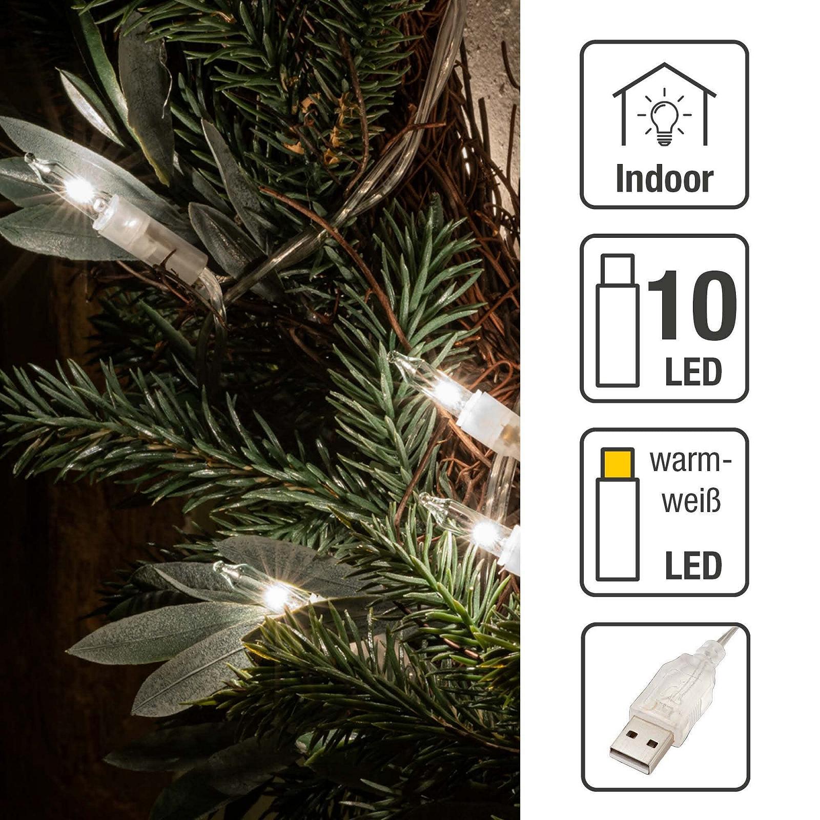 Внутренняя гирлянда Hellum 10 LED с переключателем и USB-соединением, 1,08 м, прозрачный кабель, теплый белый цвет (до 59 люмен), комплект из 2 штук, фото №3