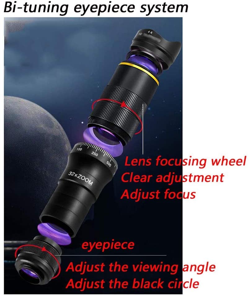 Монокуляр QHYTL HD 4K Телескопічний Зум 32x Телефото Об'єктив Повнодиапазонне Багатошарове Покриття з Тримачем для Мобільного Телефону Малий Штатив Портативний, фото №2