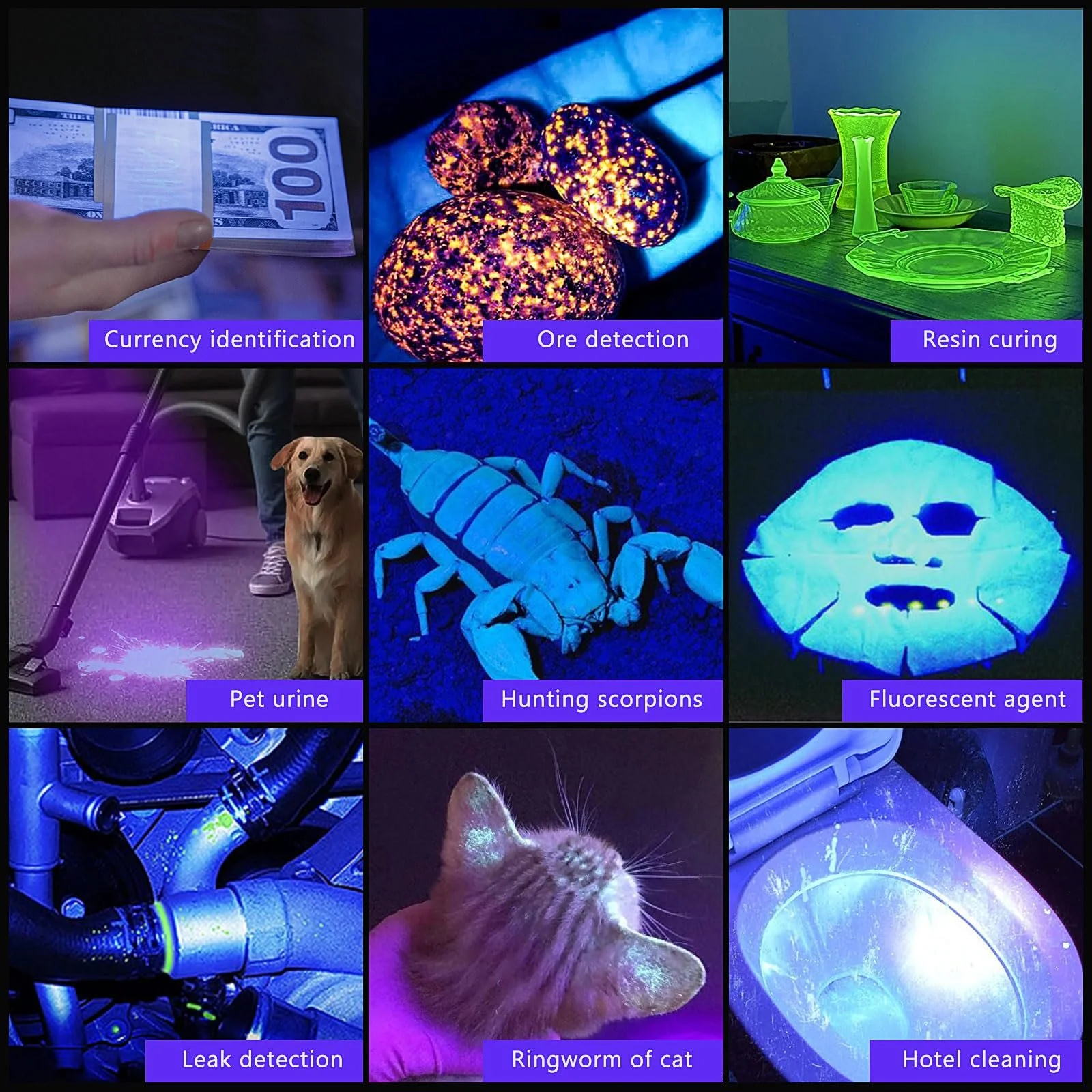 Ультрафіолетовий Ліхтар LUXNOVAQ 365 нм & 395 нм, USB Перезаряджуваний Чорне Світло, Міні LED УФ Лампа Детектор Сечі Домашніх Тварин для УФ Смоли, Бурштину, Скорпіонів, Гель-лаку, Тестер Грошей, Уранового Скла, Набір з 4 штук, фото №8