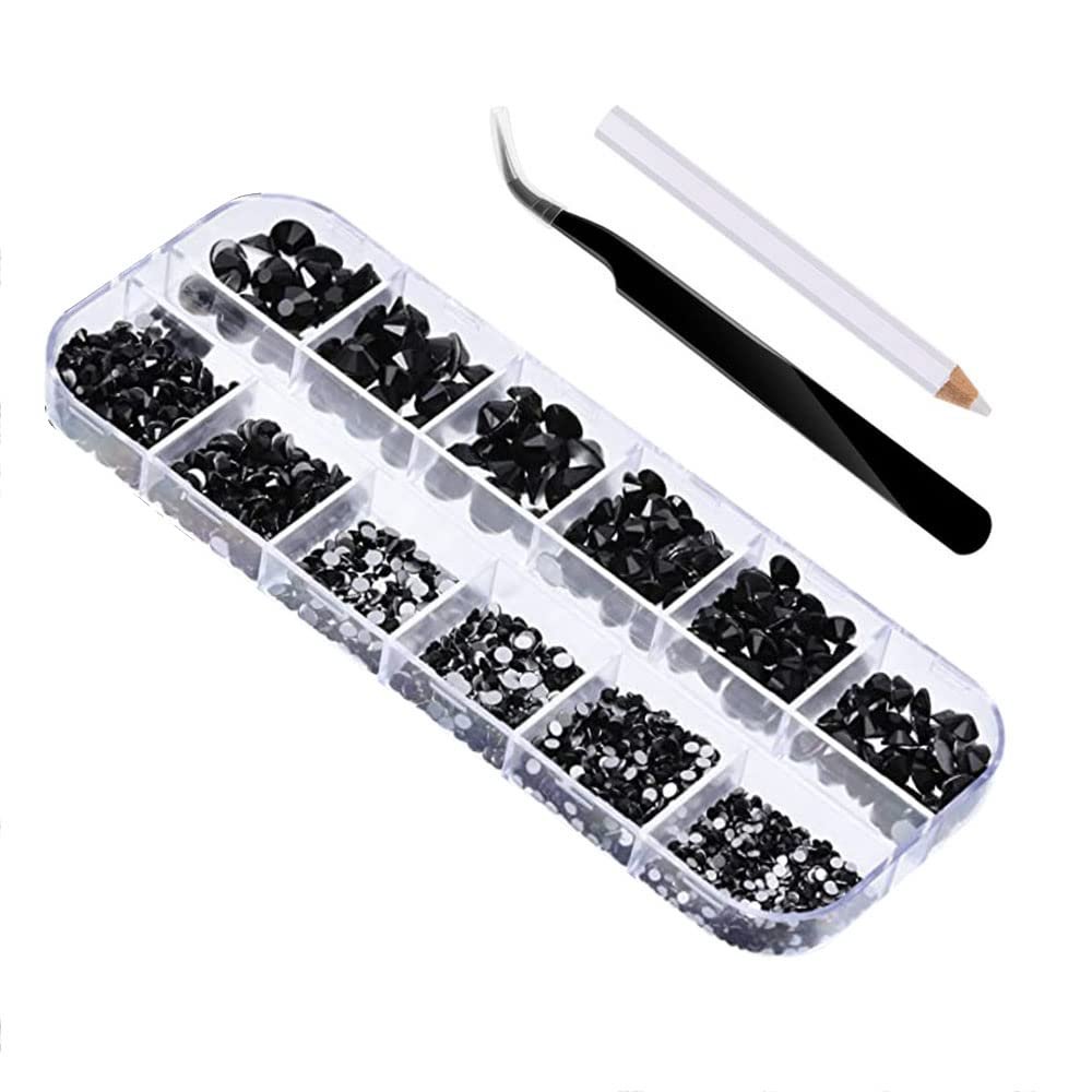 Стразы для ногтей SagaSave 2000 штук кристаллы для ногтей, плоские, для дизайна ногтей, 6 размеров 1,5-6 мм, в коробке с 12 отделениями Черный, фото №1