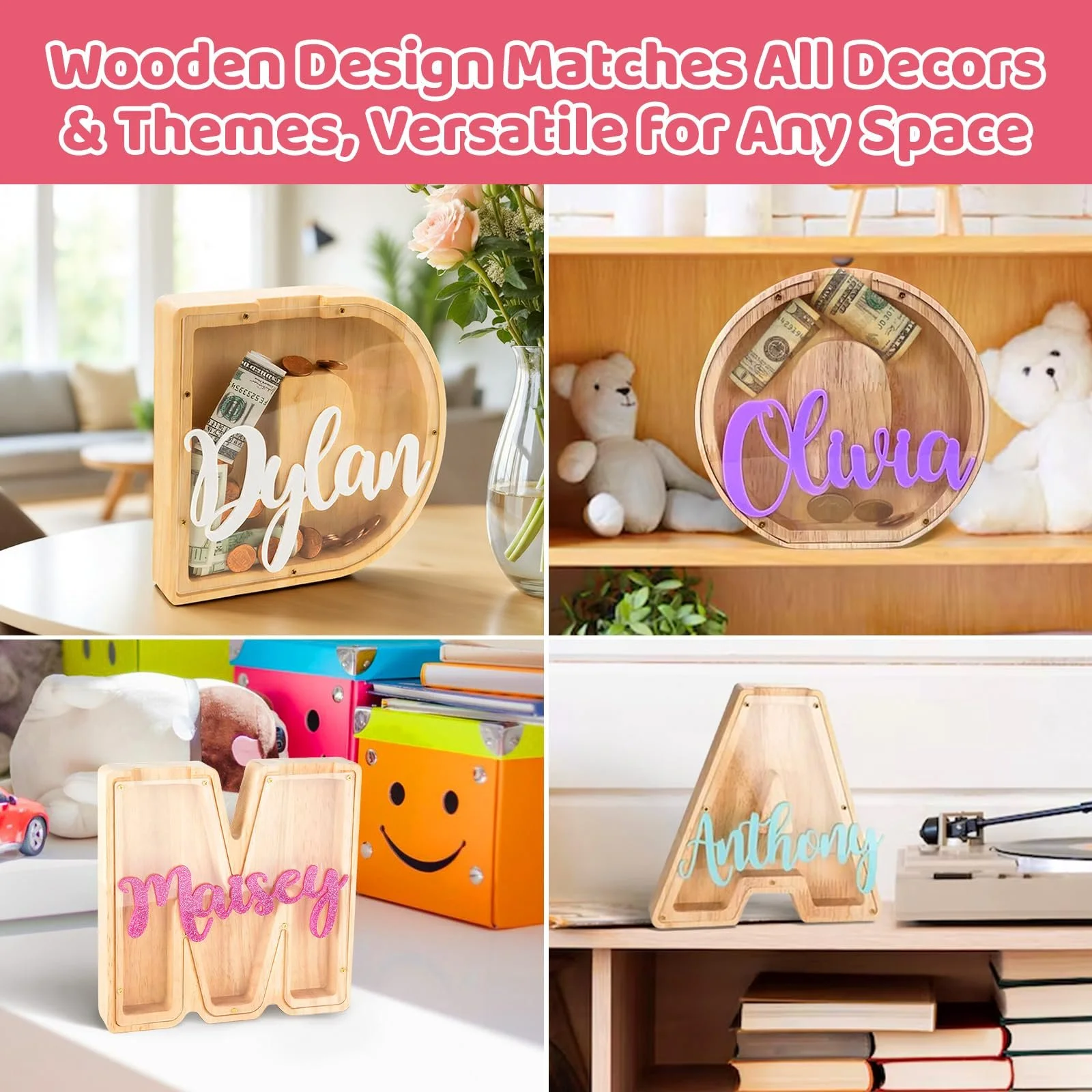 Скарбничка Дерев'яна буква з 3D акриловим ім'ям прозоре вікно, фото №6