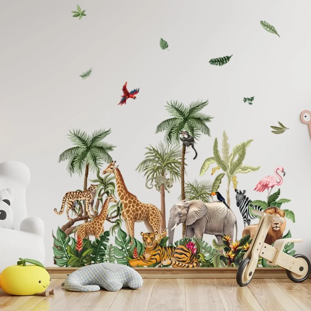 Наклейка на стіну milaosk Animals of the Rainforest Jungle Giraffe Elephant Lion Tiger Leaves велика, фото №6