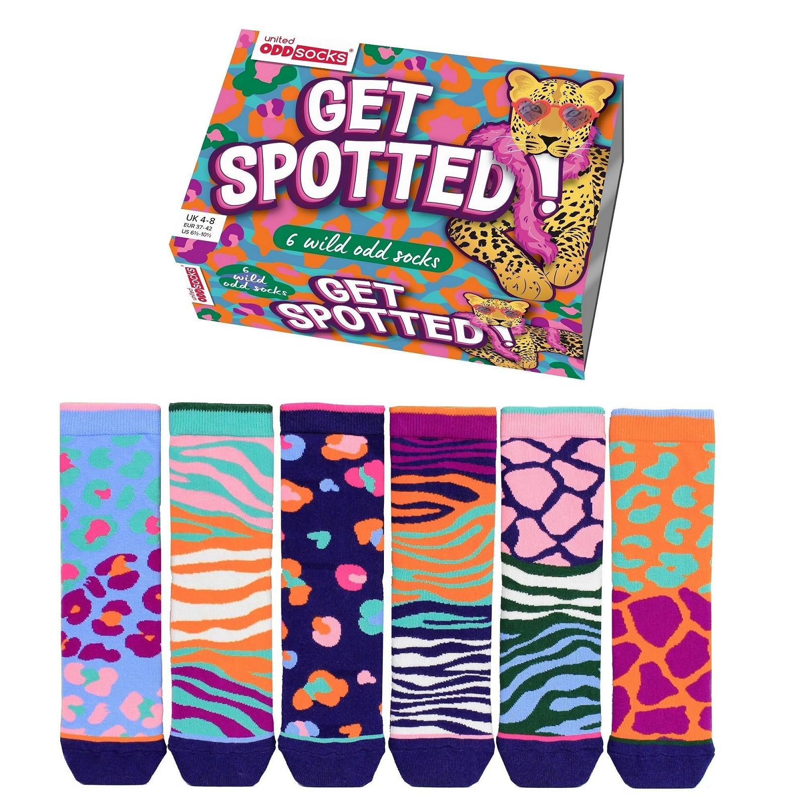 Носки United Oddsocks Get Spotted Gift Box для женщин - 6 разных носков с анималистическим принтом ярких цветов - UK 4-8, US 6.5-10.5, EUR 37-42 - Подарочный набор из хлопка для веселья и дикости, фото №1
