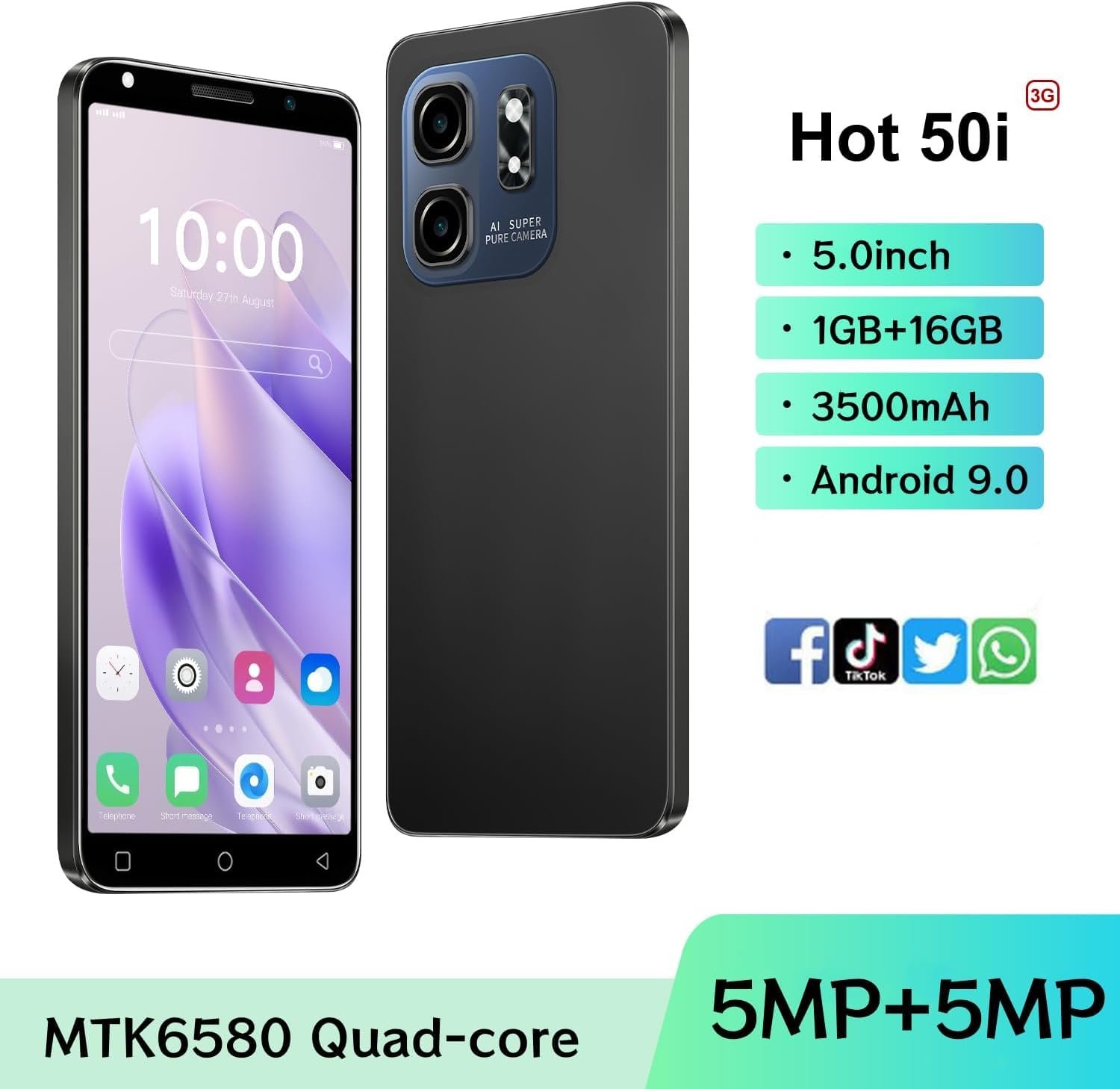 Мобільний телефон Hot50Pro 5.0" HD 1/16GB 3500мАг Face ID WiFi GPS Android Green, фото №7