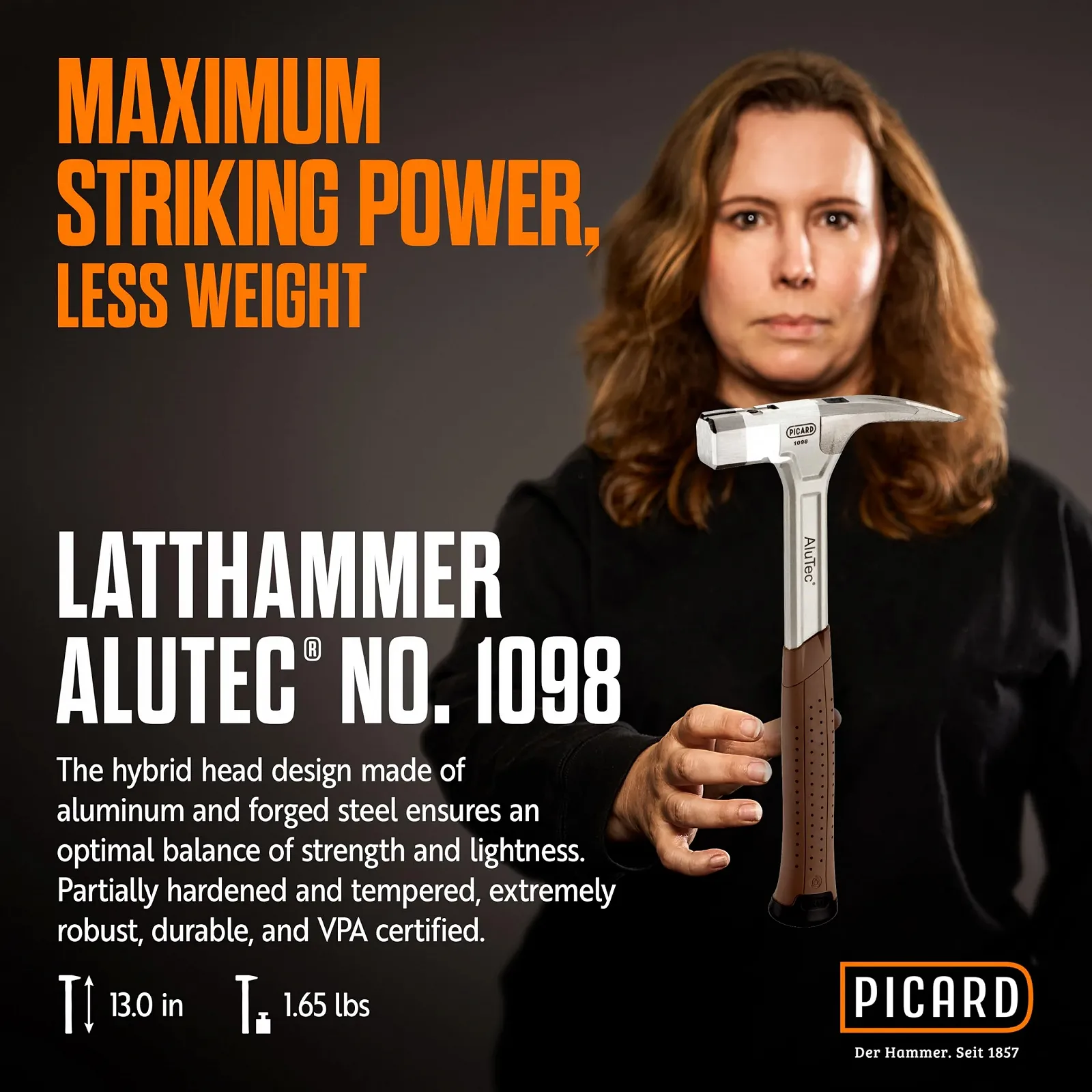 Молоток кровельщика PICARD AluTec No. 1098 750 г гладкий боек магнитный держатель 2K рукоятка, фото №2 Молоток кровельщика PICARD AluTec No. 1098 750 г гладкий боек магнитный держатель 2K рукоятка, фото №2