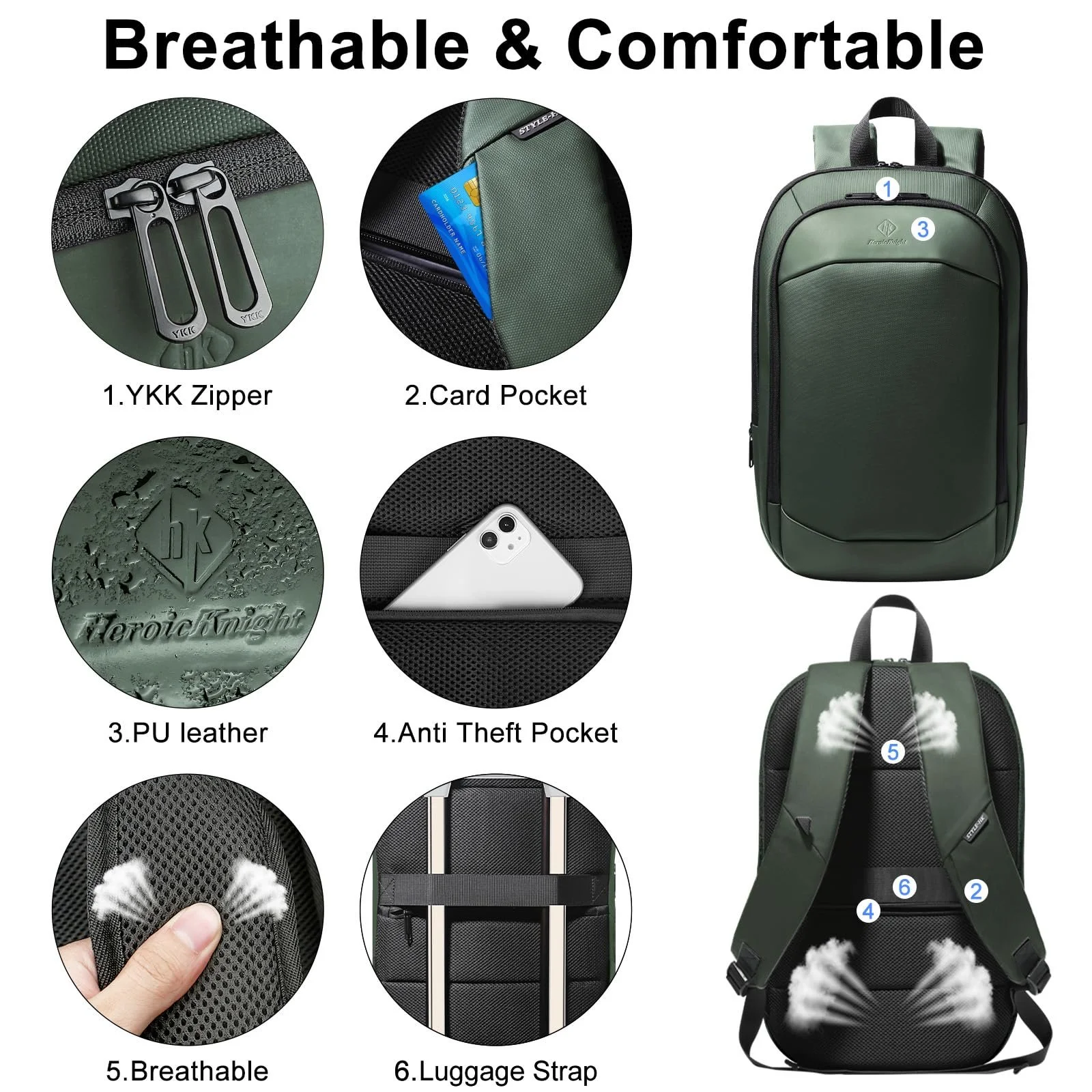Рюкзак для ноутбука Business Lightweight 15.6 дюймів Waterproof Expandable Green, фото №3 Рюкзак для ноутбука Business Lightweight 15.6 дюймів Waterproof Expandable Green, фото №3