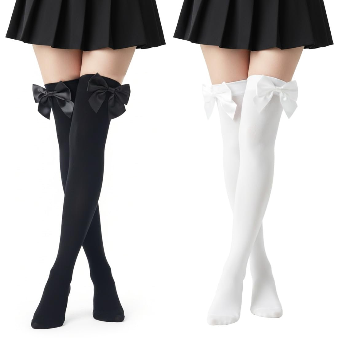 Чулки выше колена с бантом Женские в полоску Хлопковые Длинные Черный + Белый (2 пары), фото №1