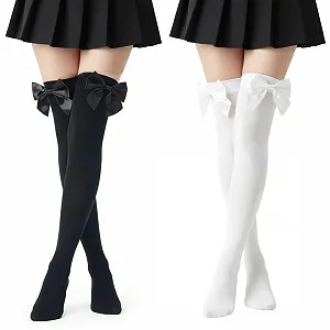 Шкарпетки вище коліна з бантом Жіночі в смужку Бавовняні Довгі Чорний + Білий (2 пари) - Фото 1