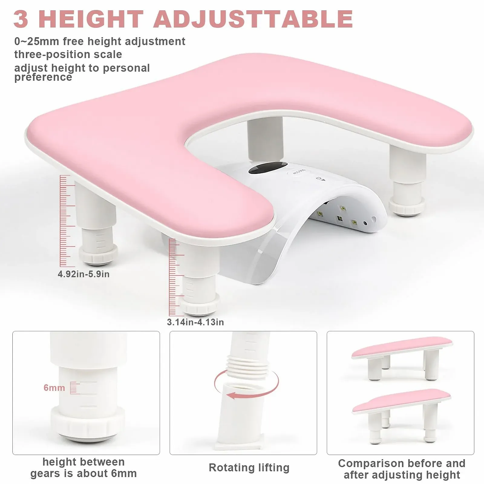 Підставка для рук U-подібна Регульована по висоті для манікюру Рожева, фото №2