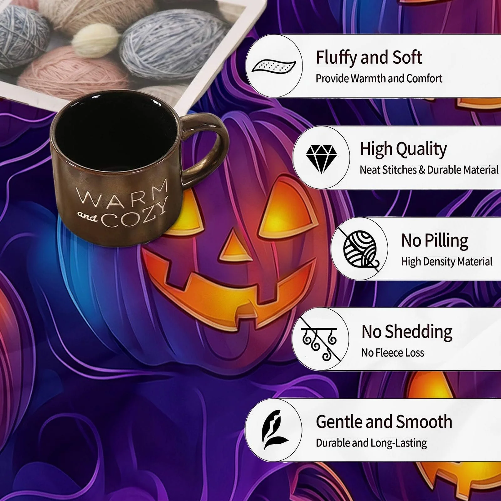 Плюшева м'яка Покривало з ретро-принтом гарбуза з високоякісного фланелевого матеріалу, лілово-помаранчева, 150 x 200 см, фото №7