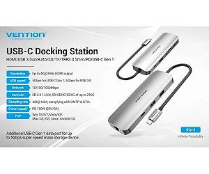 Док-станція USB3.1 Type-C -- HDMI/USB 3.0x2/RJ45/USB-C/SD/TF/TRRS 3.5mm/PD 100W Hub 9-in-1 Vention - Фото 1