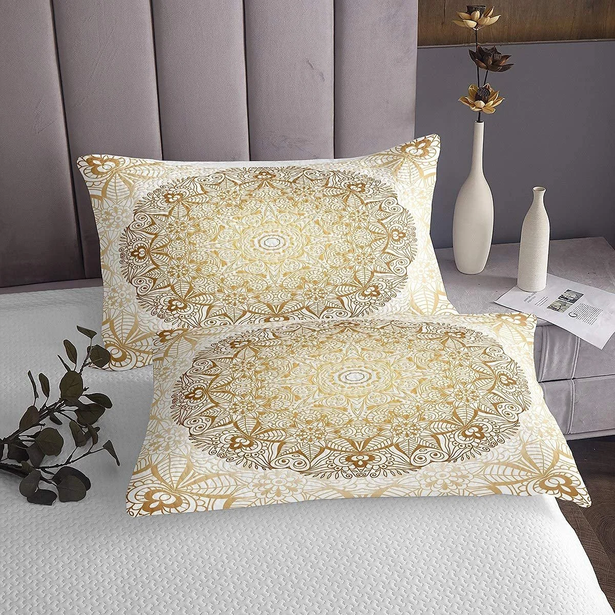 Покрывало Boho Mandala 170 x 210 см, в богемном стиле для подростков, роскошный золотой белый декор Mandala, стеганое одеяло с экзотическим цветочным узором, упаковка из 2 шт., фото №4 Покрывало Boho Mandala 170 x 210 см, в богемном стиле для подростков, роскошный золотой белый декор Mandala, стеганое одеяло с экзотическим цветочным узором, упаковка из 2 шт., фото №4