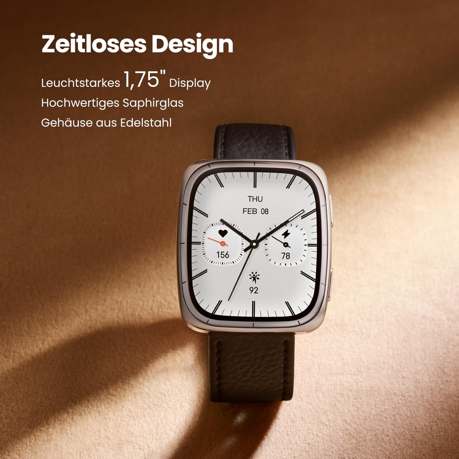 Смарт-годинник Amazfit Active 2, AMOLED-дисплей 1,75 дюйма, автономні карти з GPS, батарея на 10 днів, 160+ спортивних режимів, водонепроникний, монітор серцевого ритму та сну, чорний шкіряний ремінець, фото №3