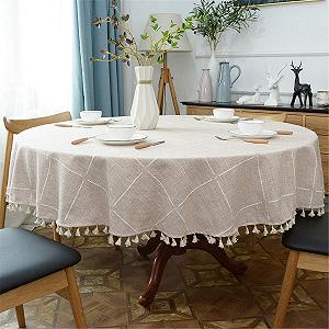 Скатертина кругла з китицями в клітинку Cotton Linen Fabric Щільна 200 см Beige synthetic.ua - Фото 1