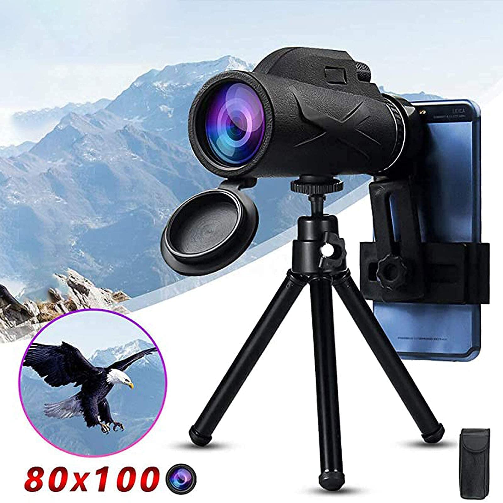Монокуляр HD Monocular 80x100 з компасом універсальний тримач для смартфона і штатив для спостереження за птахами піших прогулянок кемпінгу концертів, фото №4