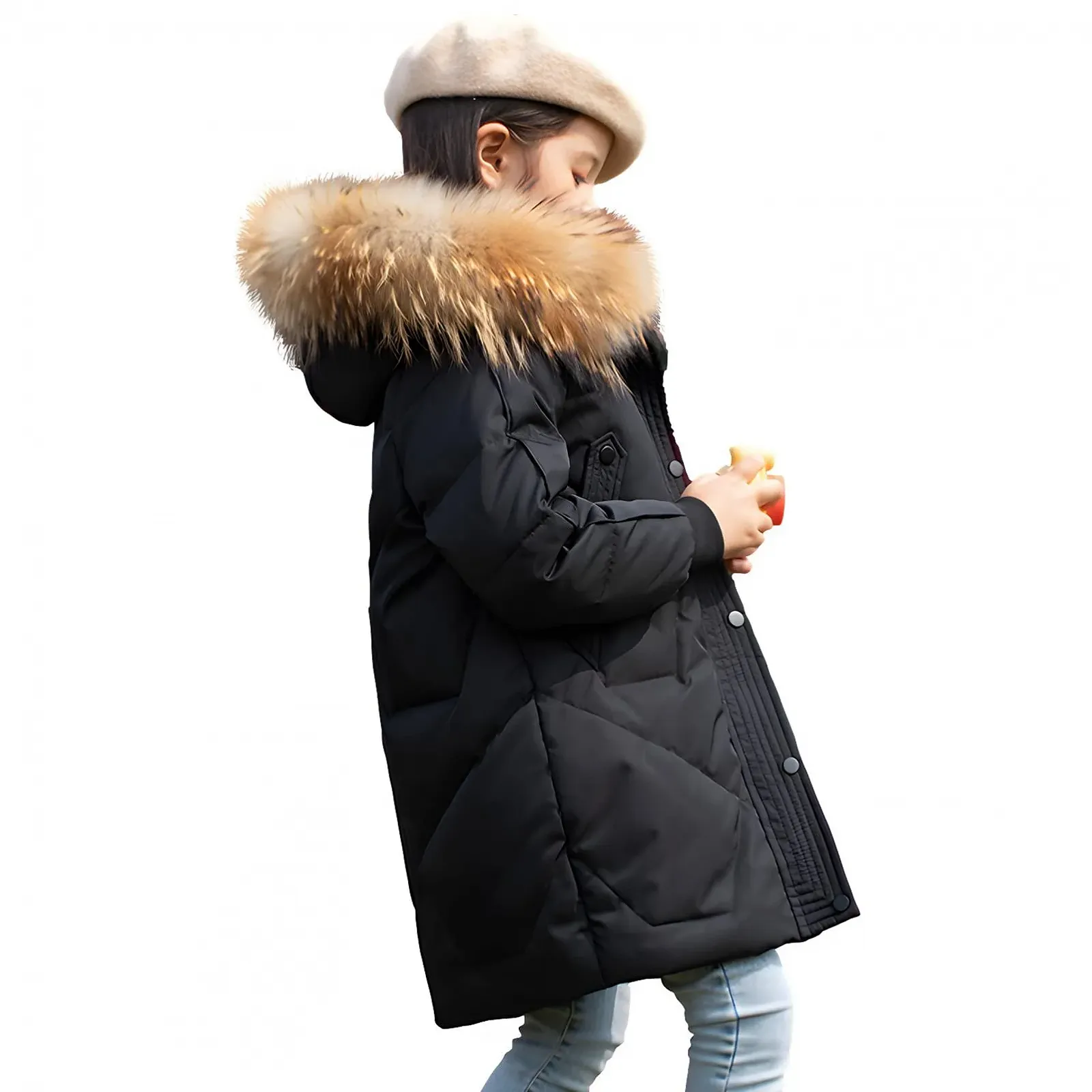 Пуховик Amropi Для девочек, С меховым капюшоном, Длинная зимняя куртка, Зимнее пальто, Для возраста 5-13 лет, фото №4