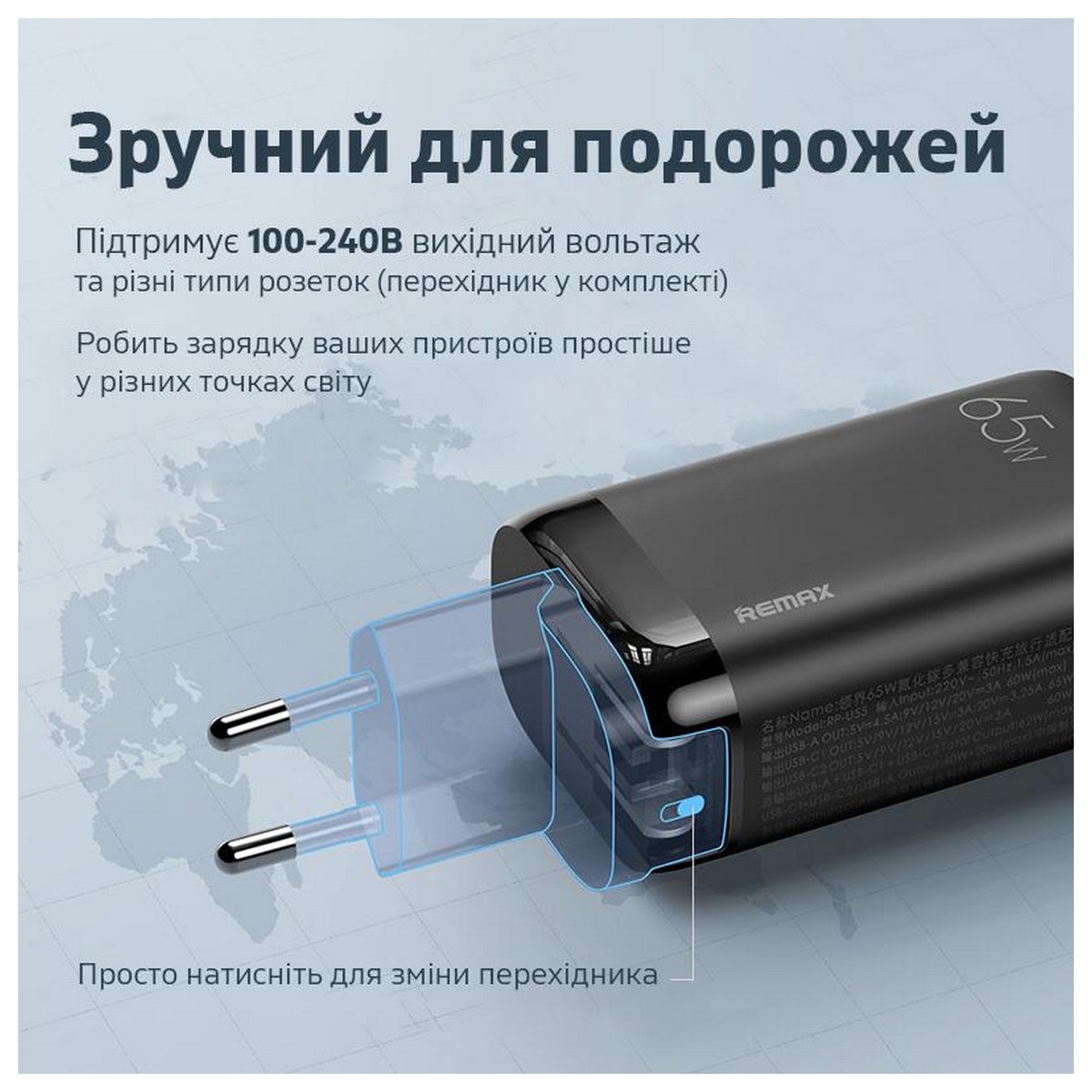 Зарядний пристрій Remax Ligil Series 65W PD QC Fast Charger White (RP-U55), фото №4