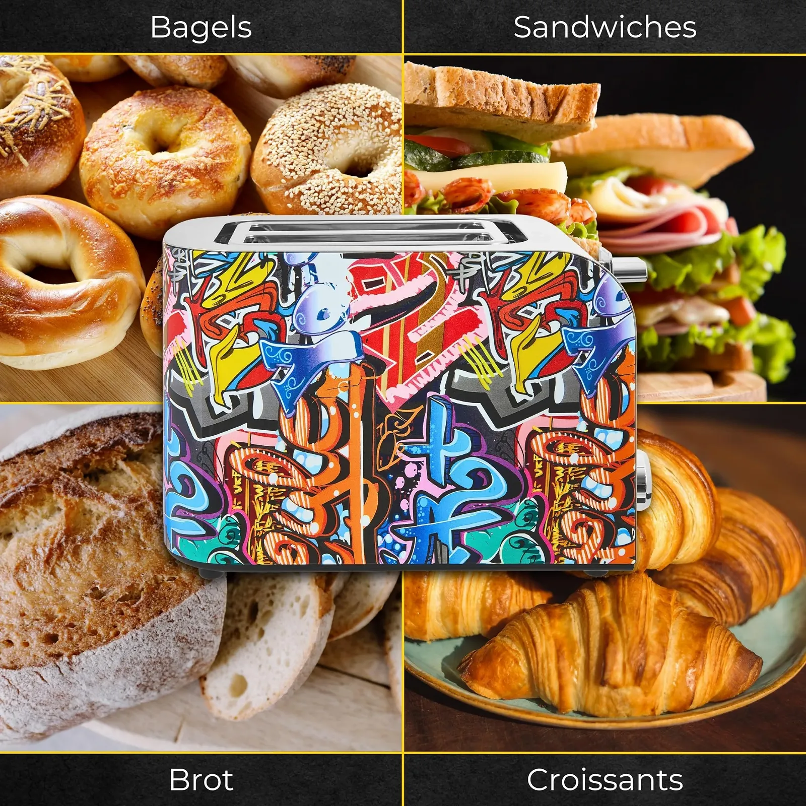 Тостер Gutfels Toast 3010 G, 2 скибочки, з насадкою для булочок, 7 рівнів потужності, 850 Вт, розморожування, підігрів, функція зупинки, дизайн Graffiti, фото №7