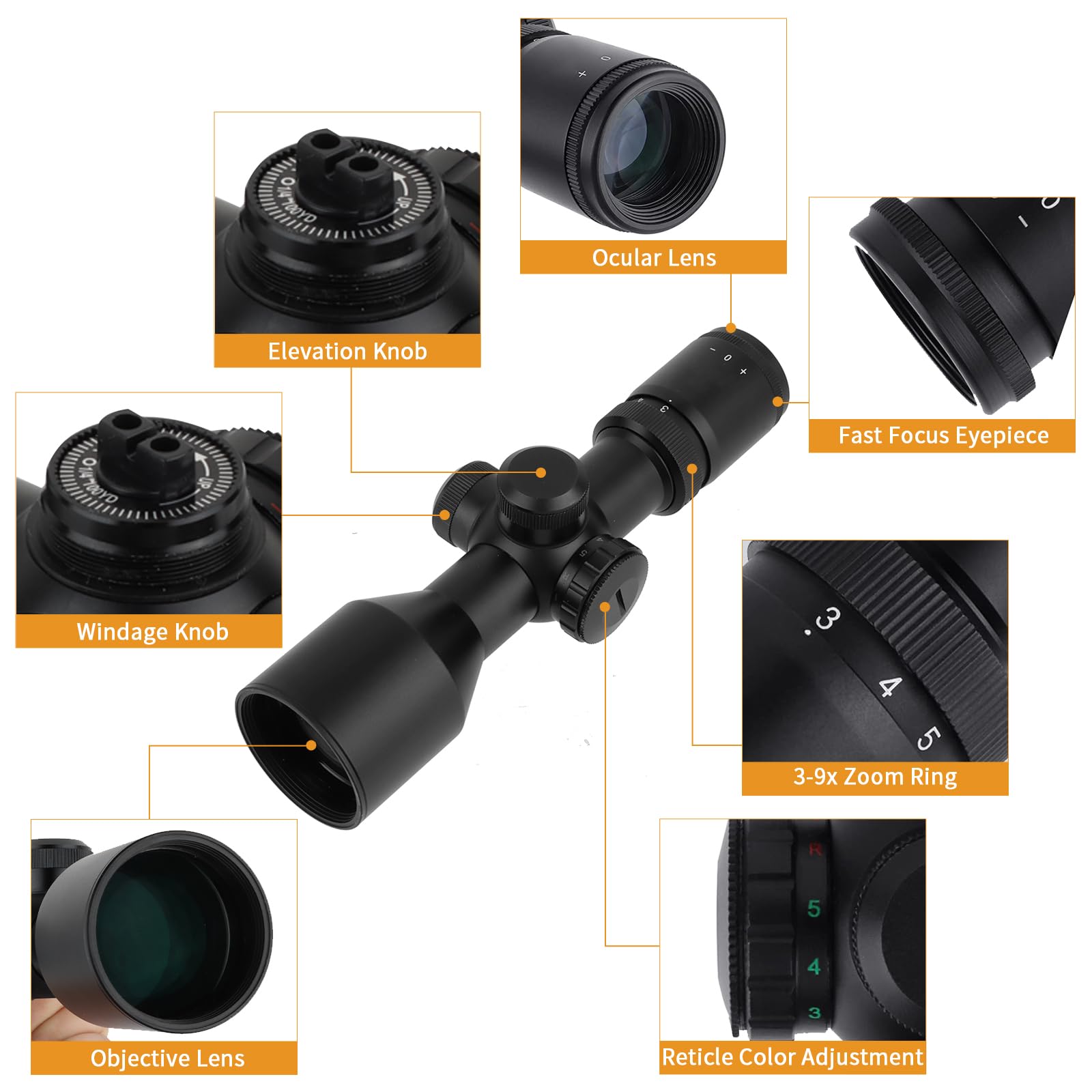 Оптическая труба ToopMount ZF 3-9 x 40 Компактный монокуляр с крышками для линз и 4 x кольцами крепления, 25,4 мм 1 дюйм трубка искатель, ударопрочность 650G 1/4 MOA Красный/Зеленый прицел зеленый многослойный, фото №6