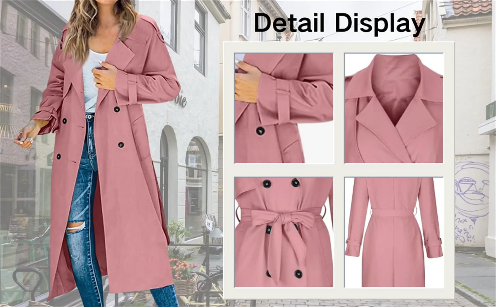 Жіноче Двобортне Довге Класичне Приталене Вітрозахисне Тренчкот з Поясом, фото №7 Жіноче Двобортне Довге Класичне Приталене Вітрозахисне Тренчкот з Поясом, фото №7