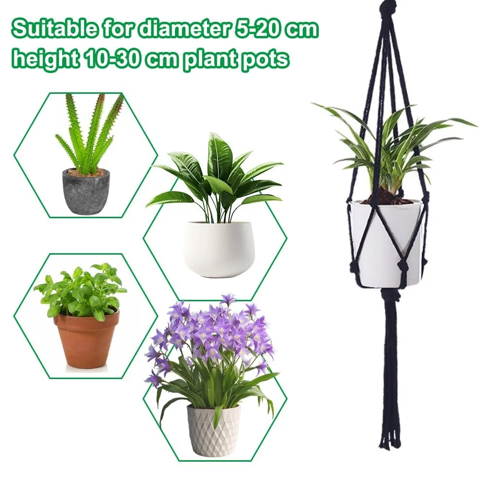 Підвісні кашпо макраме бавовняна мотузка 60/80/100 см 6 шт Чорний, фото №4