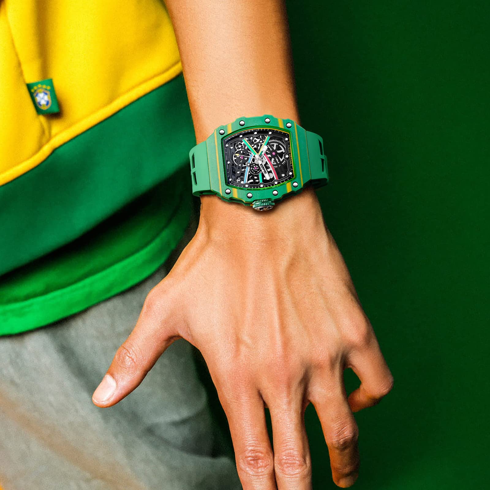 Часы FEICE Men's Automatic Skeleton Fluorine Rubber Waterproof Green Modern, фото №6