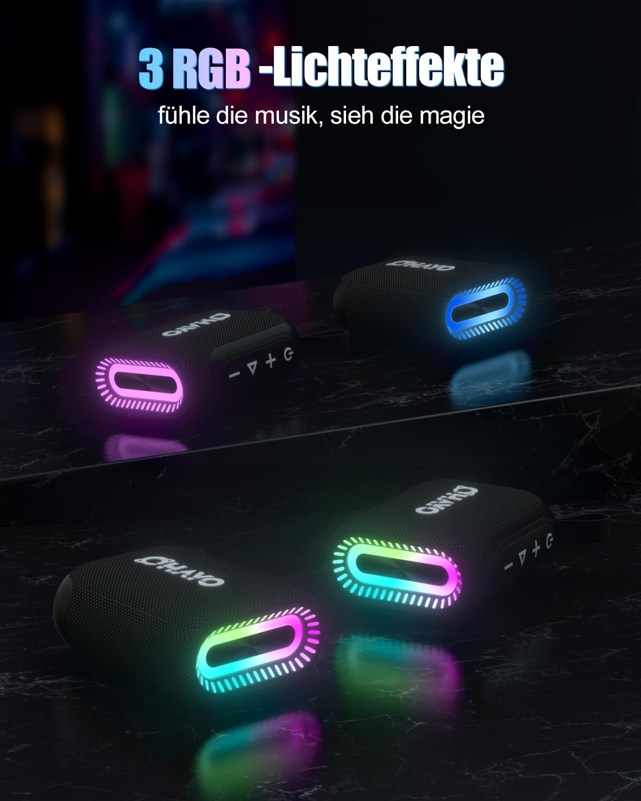 Колонка OHAYO Mini Bluetooth Box з RGB підсвіткою, Bluetooth 5.3, 24H батарея, IPX7, чорний, фото №6
