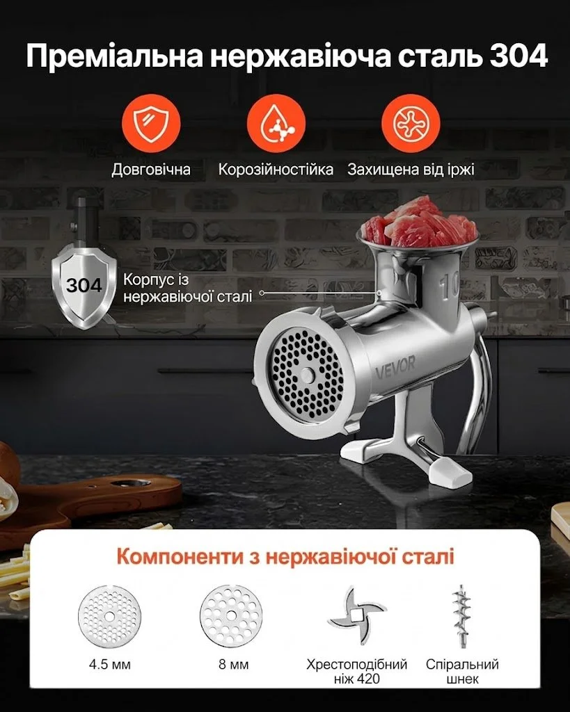 Ручна м’ясорубка VEVOR S#10 Silver, фото №4