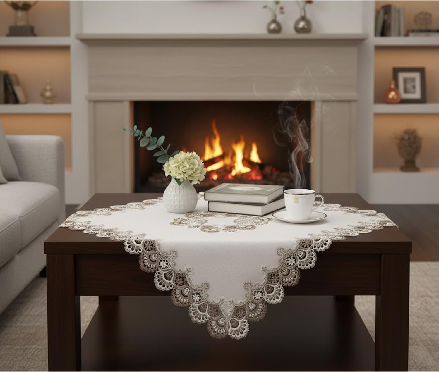 Скатертина Elegant Jacquard Lace 85 x 85 см Поліестер Коричневий Білий Екрю, фото №4