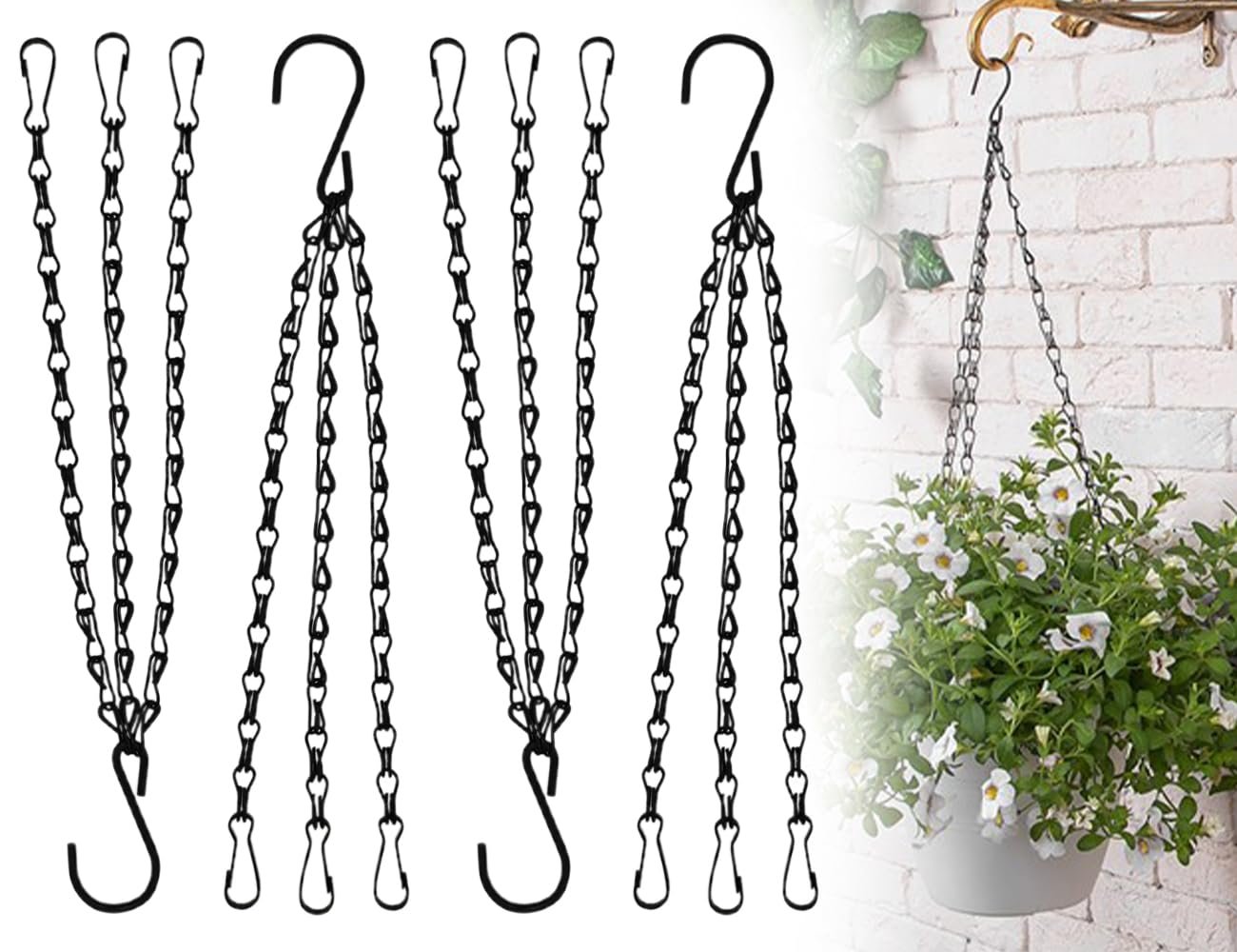 Цепь для подвесных корзин Pack of 4 3-рядная металлическая с крючками Черная, фото №1