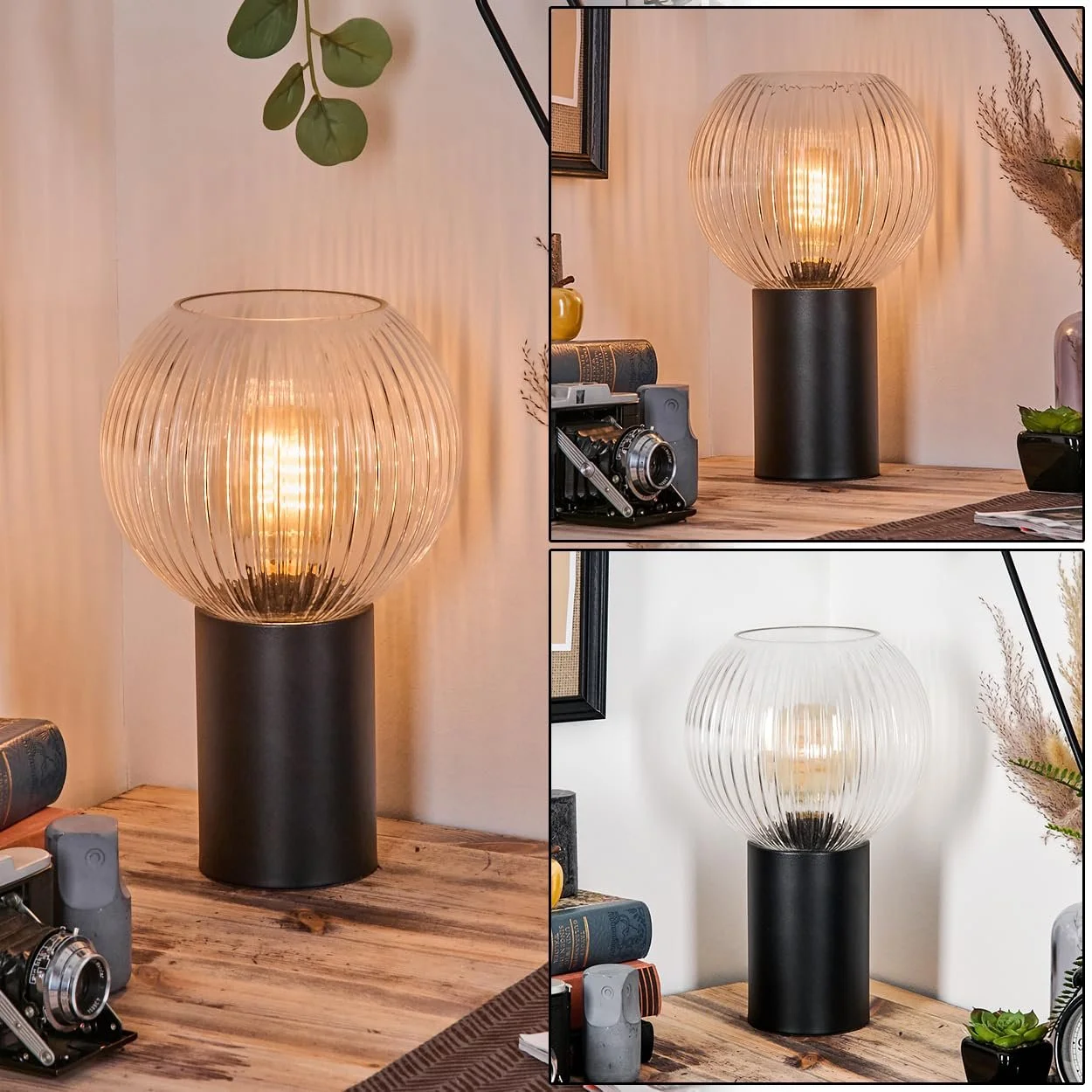 Настільна лампа HOFSTEIN Koyoto метал/рифлене скло E27 20 см Чорний/Прозорий, фото №1