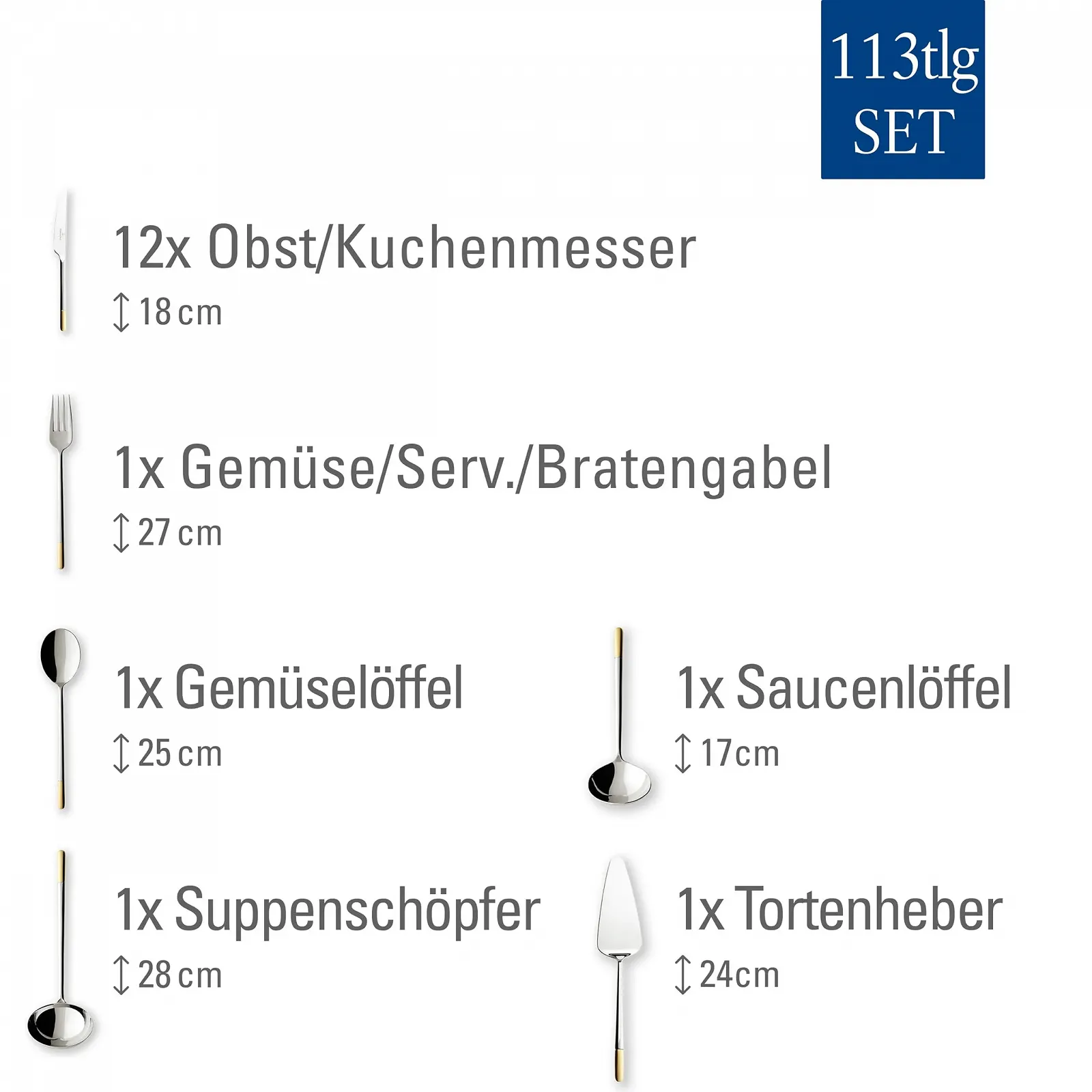 Набір столових приборів Villeroy & Boch Ella з частковим золотим покриттям 113 предметів, нержавіюча сталь 18/10, фото №4