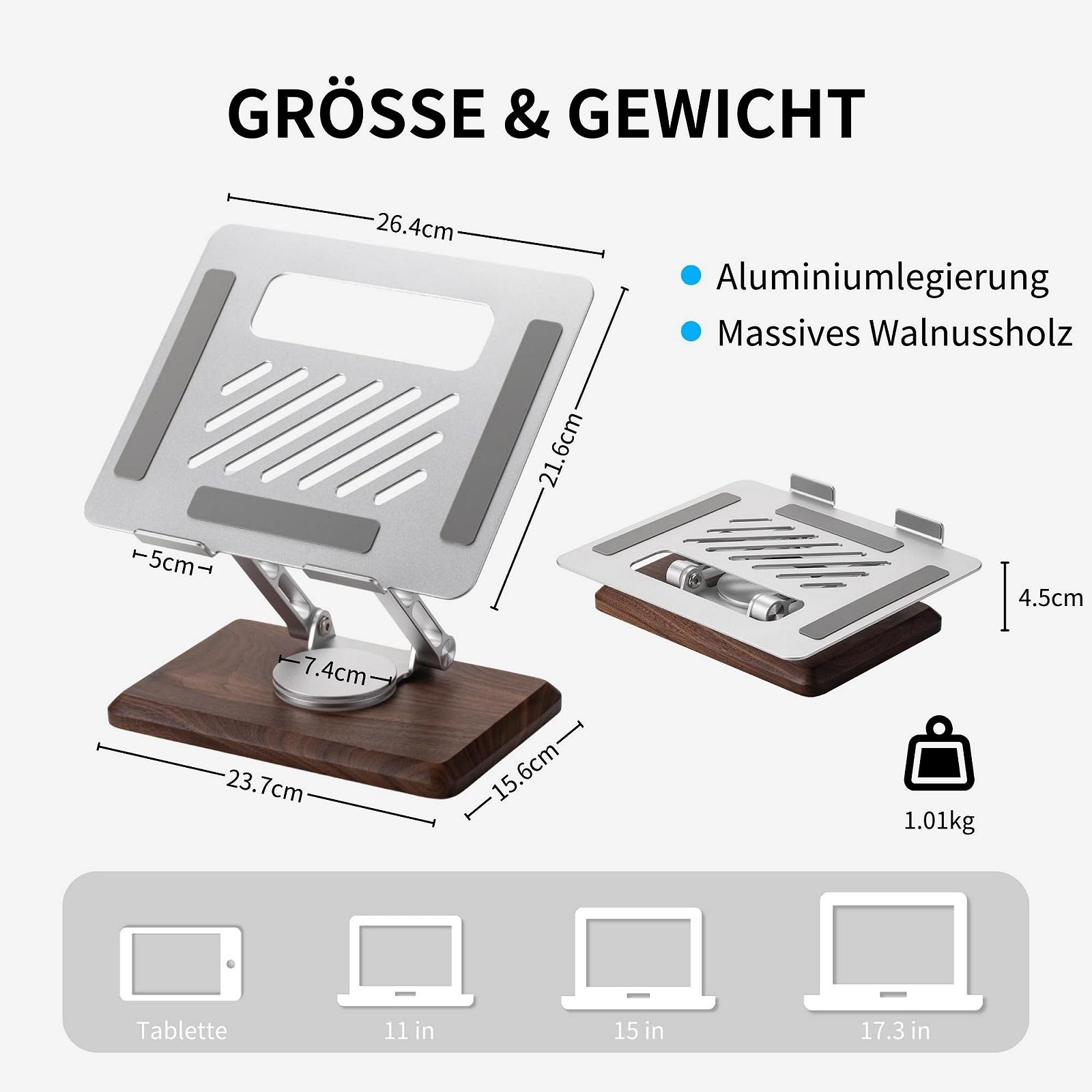 Підставка для ноутбука Muso Wood, регульована по висоті, з дерев'яною основою, що обертається на 360 градусів, підставка-підвищення для ноутбука для столу, підставка для ноутбука/ПК з MacBook Pro/Air, для ноутбуків до 17,3 дюймів, фото №4
