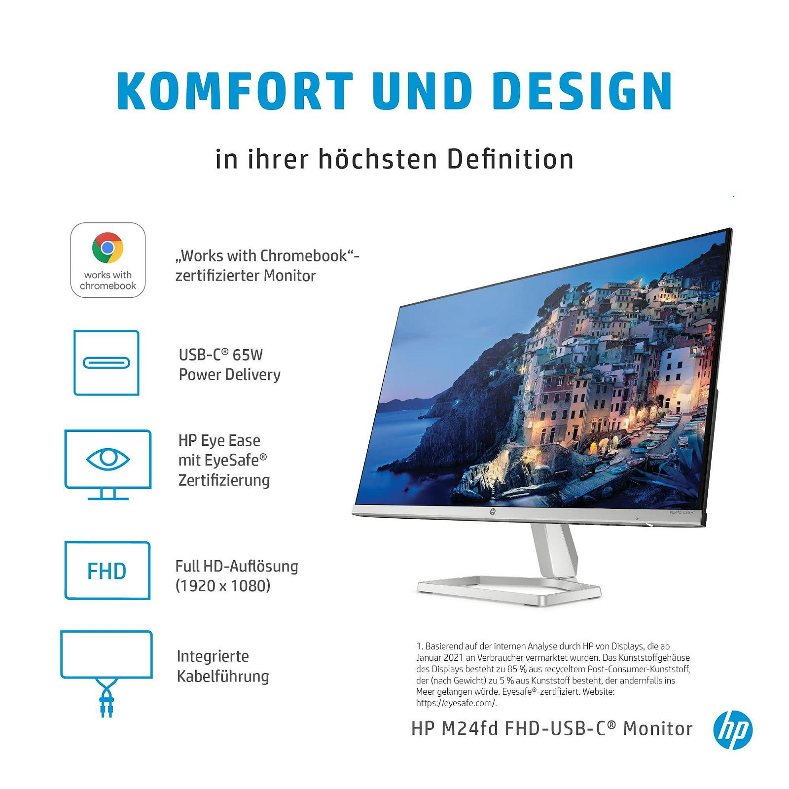Монитор HP M24fd (24 дюйма, Full HD IPS, 75Hz, AMD FreeSync, HDMI 1.4, USB-C, Время отклика 5мс) Серебристый/Черный, фото №3