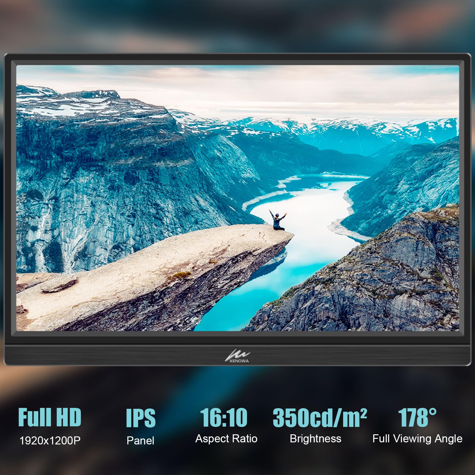 Портативний монітор Kenowa 16 дюймів FHD 1920 x 1200P IPS екран HDR 350 ніт 16:10 з HDMI Type C Чорний, фото №4