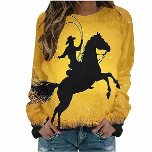 Лонгслив Komiseup Basic Круглый вырез Свободный Свитшот без капюшона Western Cowboy Принт Свитшот Праздничная Спортивная футболка Модный топ с принтом лошади для девочек-подростков Streetwear 23 - Фото 1