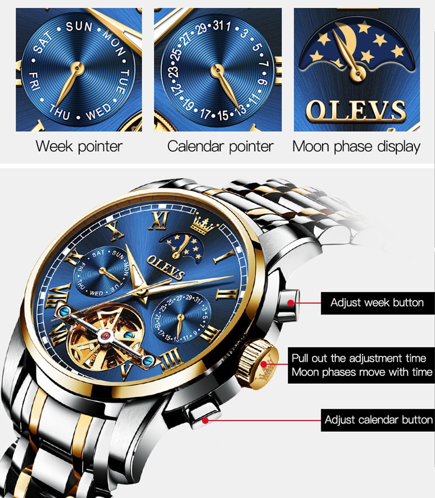 Чоловічий годинник OLEVS Automatic з автопідзаводом, скелетон, турбійон, нержавіюча сталь, фото №5