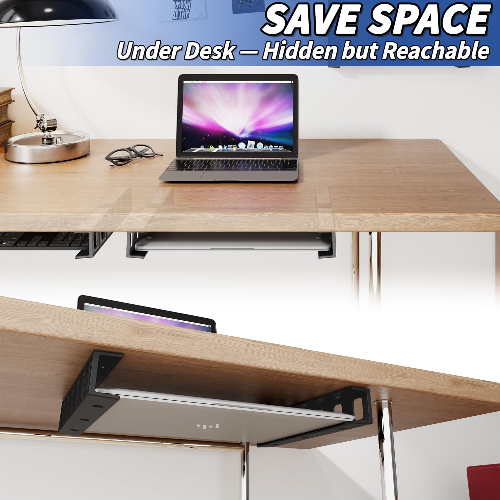 Крепление для ноутбука sciUu Подстольное/настенное многофункциональное место для хранения ноутбуков, планшетов, клавиатур, модемов, ТВ-приставок, органайзер для экономии места на столе и стене, для устройств <4 см толщиной, фото №3