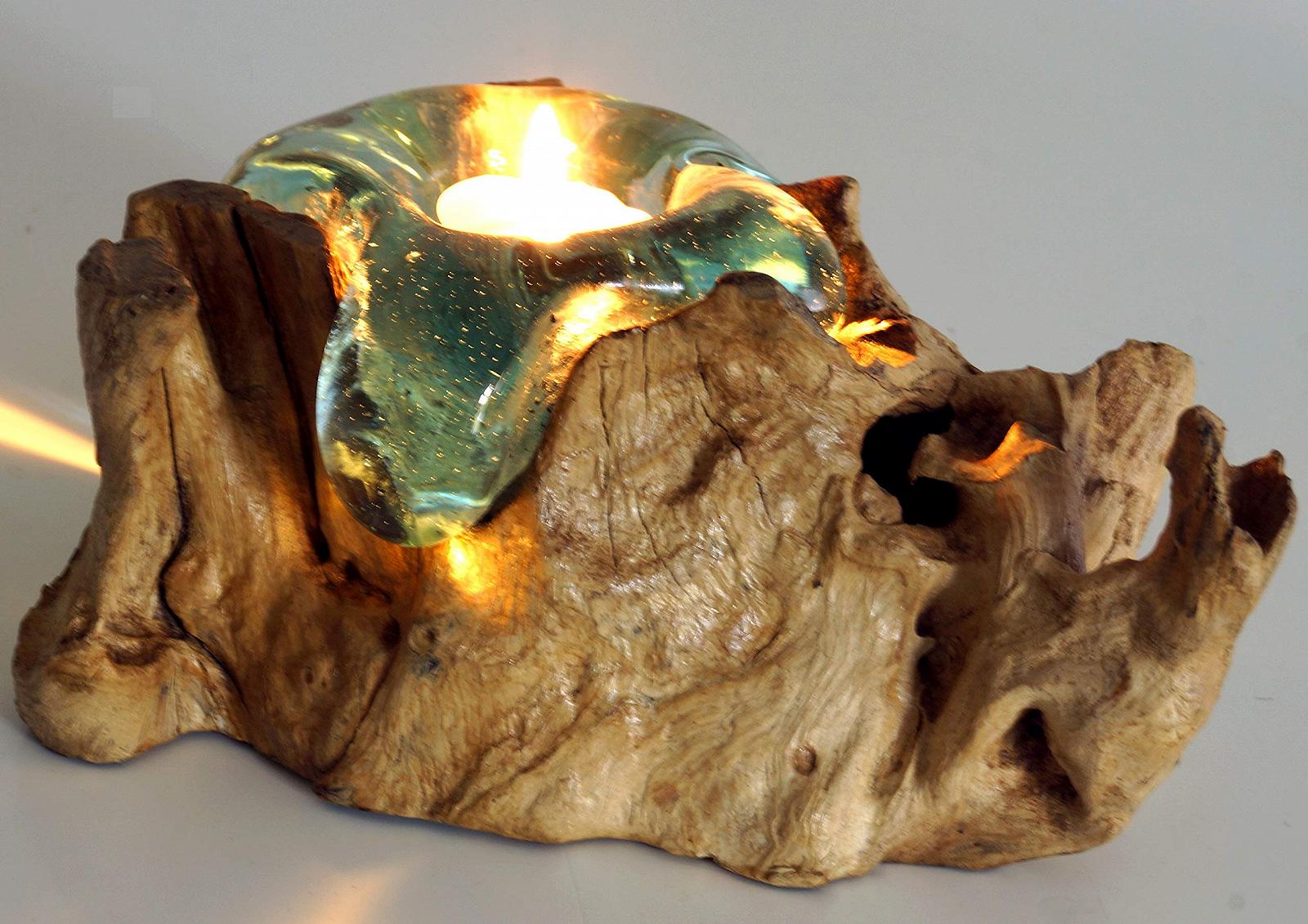 Підсвічник GURU SHOP Burl Wood зі склянкою ручного видування Модель 1 Коричневий, фото №3