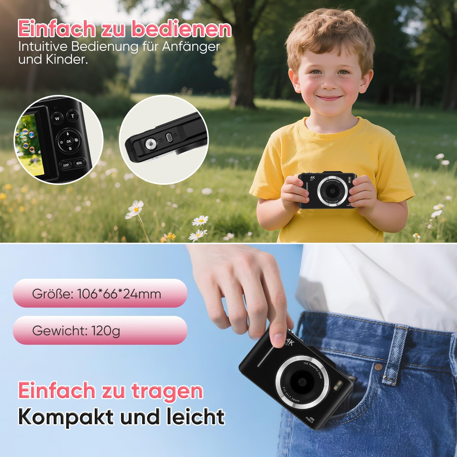 Мини Цифровая Камера 1080P 58MP с 32G Картой, Фотокамера с 2.4 Дюймовым LCD Экраном, 16X Цифровой Зум, Компактная Камера для Детей и Подростков, фото №6